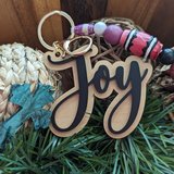 A ‘Joy’ charm with pink beads resting in greenery
